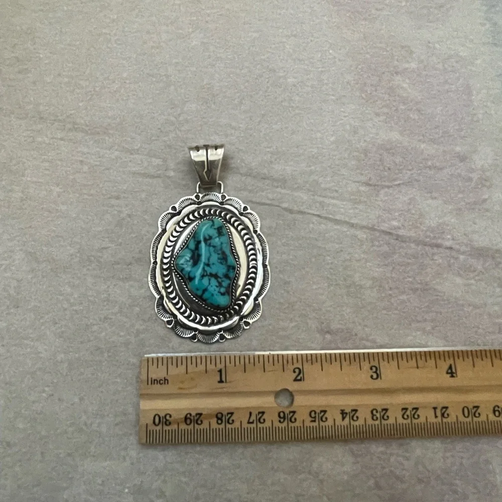 Authentic Navajo Sterling Silver Large Pendant with Turquoise by Sunshine Reeves - Picture 3 of 7